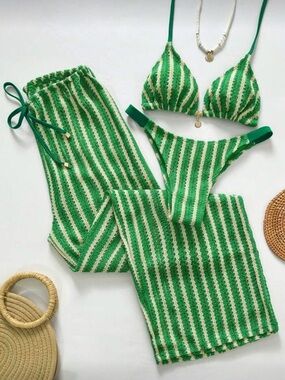 SHEIN Green and White Striped Knit 3-Piece Swim Set